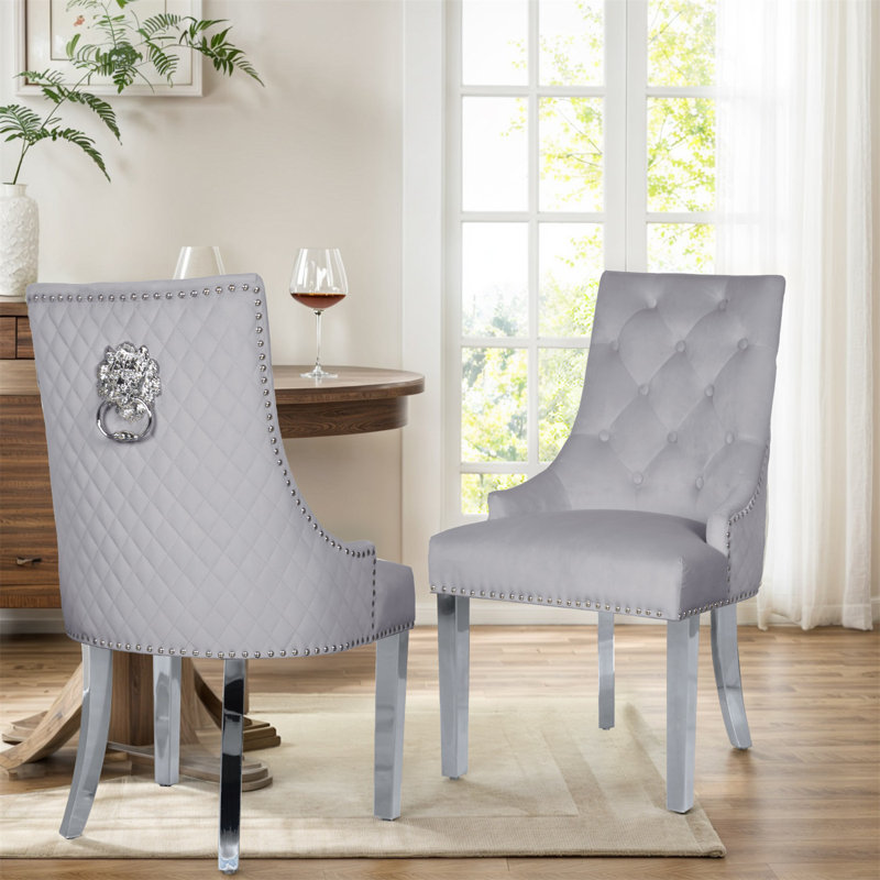 Chaises de salle à manger Devleta en velours, chaises capitonnées de style Mid-Century avec pieds en métal, Gris clair