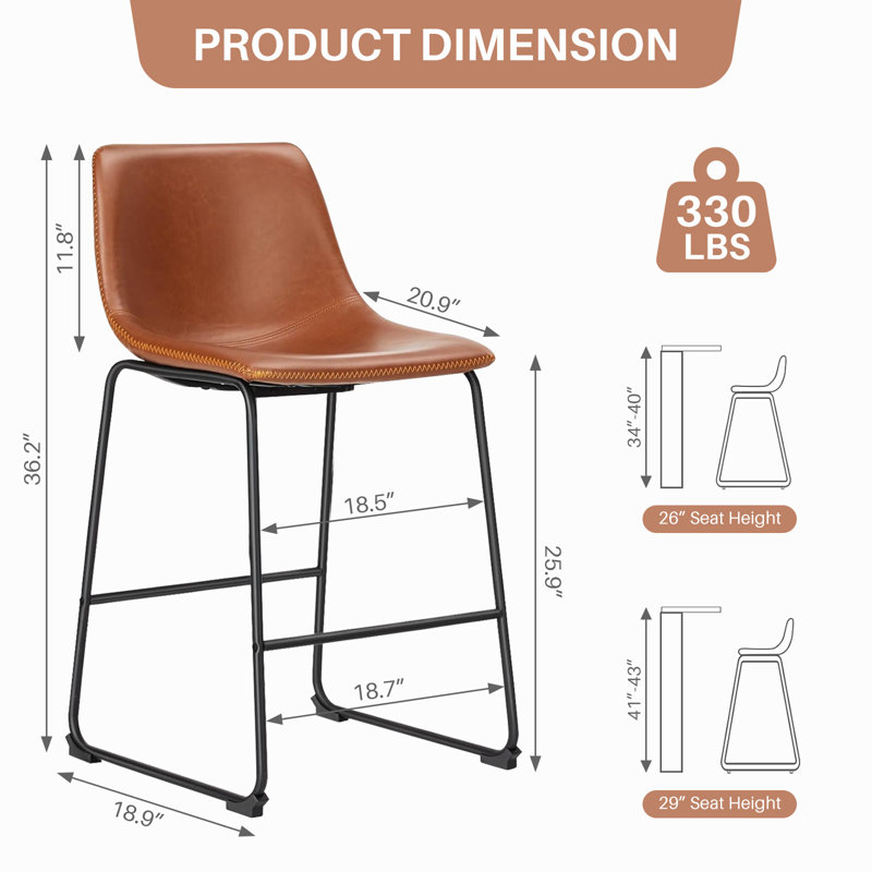 Tabourets de bar à hauteur de comptoir avec dossier en cuir, tabourets de bar Matel pour la cuisine, ensemble de 4 tabourets de 26 pouces