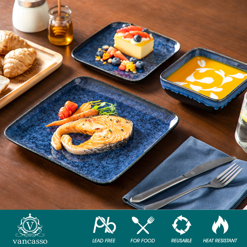 12 Piece Stoneware Dinnerware, Ceramic Tableware Set Including Dinner Plates, Desserts Plate And Bowls, Service For  4 People, Square Plate And Bowl
