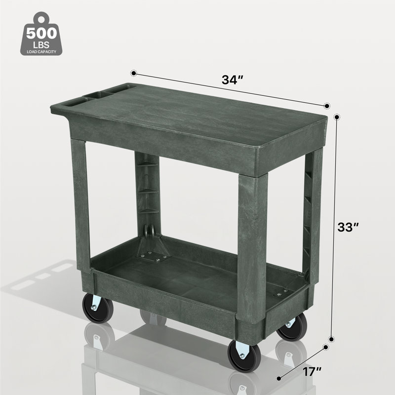 2-Shelf Utility Cart On Wheels, Plastic Rolling Tool Cart Service Cart For Warehouse Workshop Garage