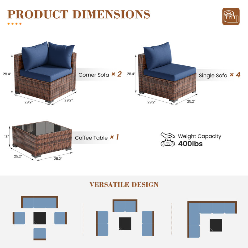 6 - Person Outdoor Wicker Patio Conversation Furniture Set, Blue