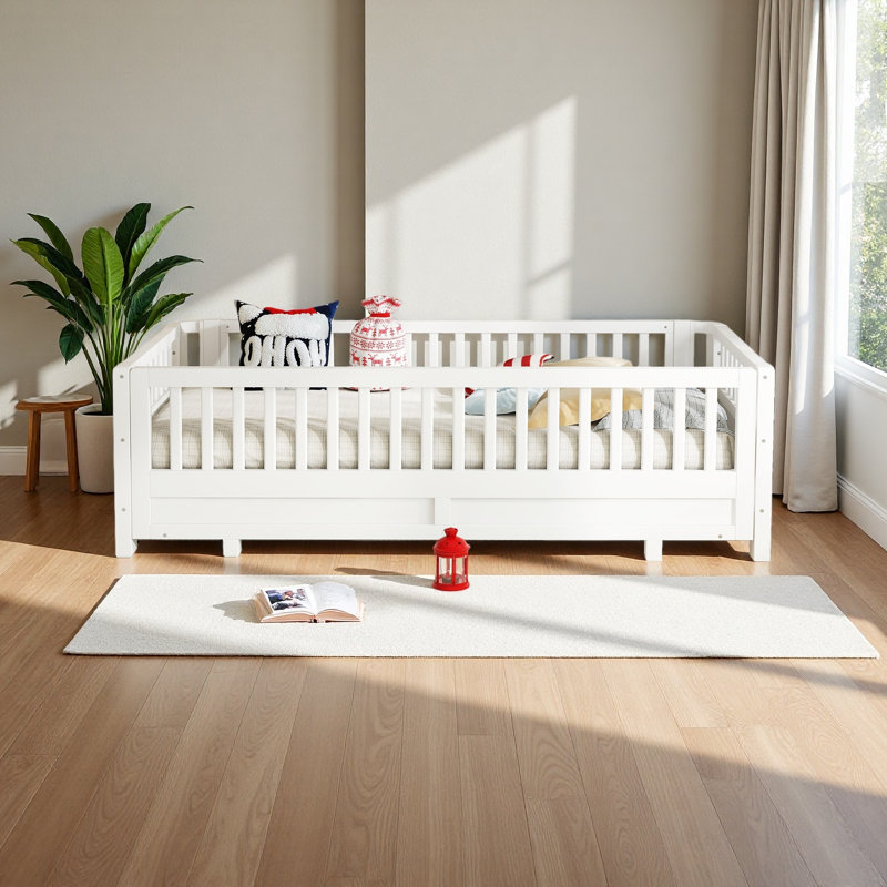 Lit plateforme avec garde-corps, cadre de lit en bois massif, peut être converti en lit plateforme,, Blanc