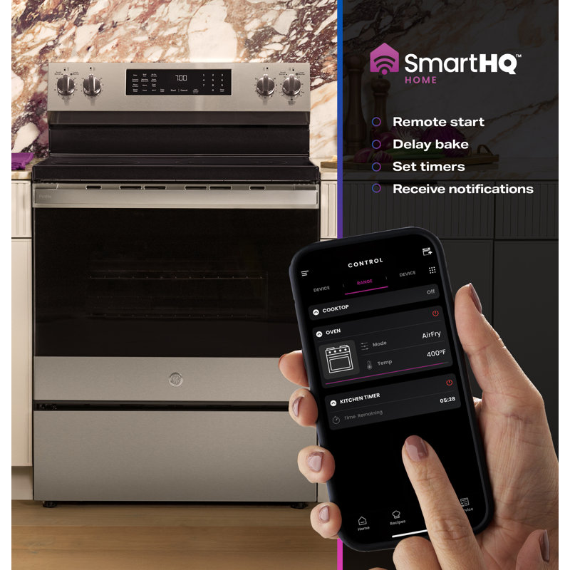 GE Profile ENERGY STAR® 30” Smart Free-Standing Electric Convection Range with No Preheat Air Fry and EasyWas Oven Tray