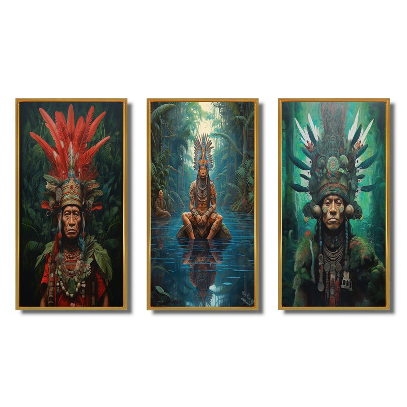 Indigène, chaman, coiffe de plumes de l'Amazonie, ensemble de 3 pièces d'art, Cadre flottant doré, H 20 po x l 36 po