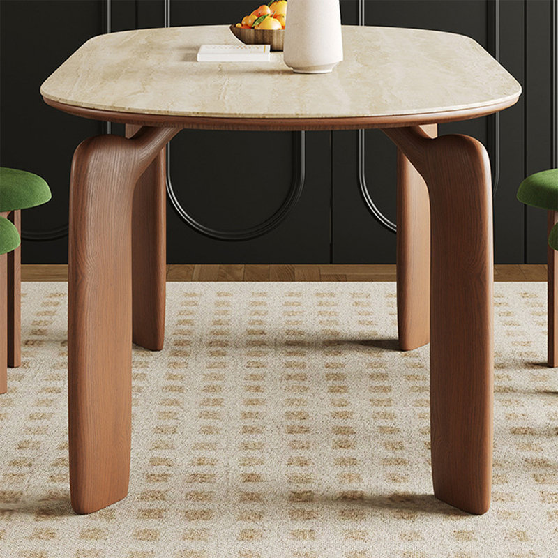 Ensemble de table de salle à manger pour 4 personnes beige et brun en pierre frittée ovale et en bois massif
