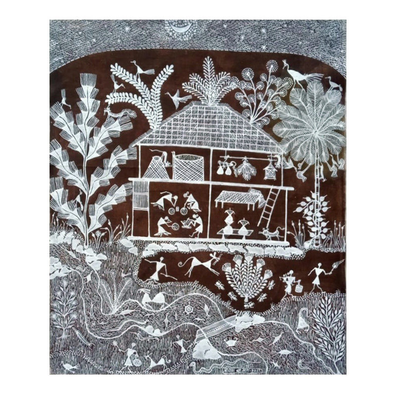 Maison au bord de la rivière dans un village - Art Warli | Bouse de vache et acrylique sur toile Manjarpat | Par Pravin Mhase