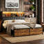 Industrial Metal Storage Bed With Bookcase Headboard & Charging Station (USB/Type-C), 140X200cm European Double / 160X200cm King, Rustic Brown & Black PU Frame With LED & 2 Drawers-386905197