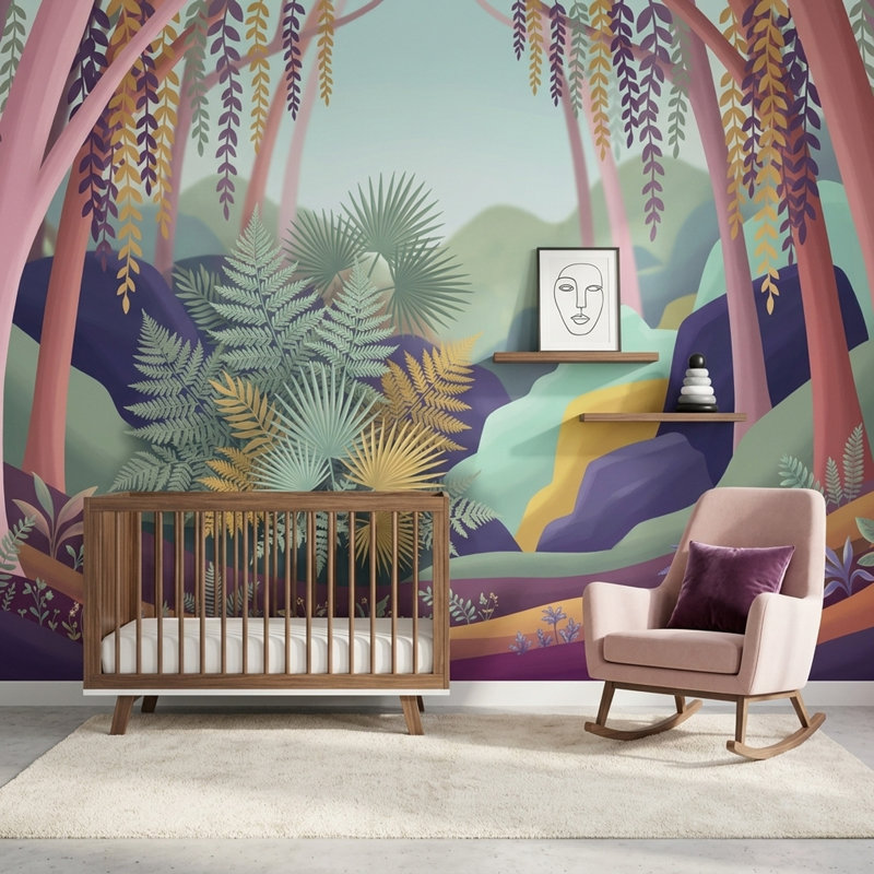 Décoration murale amovible de papier peint vert forêt fantaisiste, 160 po x 108 po, Peler et coller