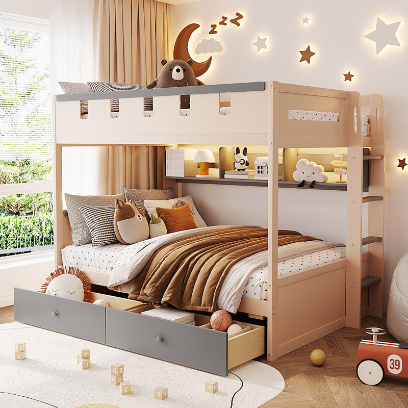 Lit superposé double pleine grandeur de style château avec 2 tiroirs, tablette et DEL, gris, Lit double, Gris