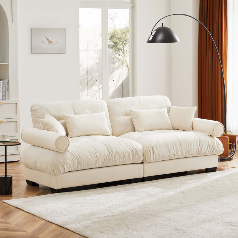 Canapé moderne à 2 places avec accoudoirs et coussins renforcés, Crème