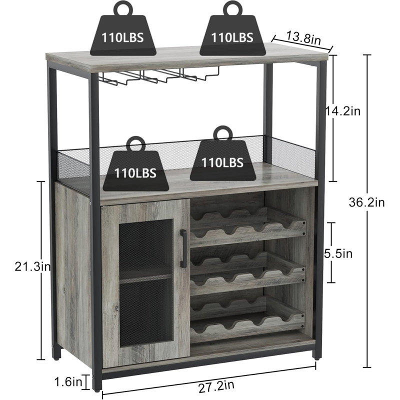 3-Tier Wine Bar Cabinet With Detachable Wine Rack And Storage Space, Light Gray