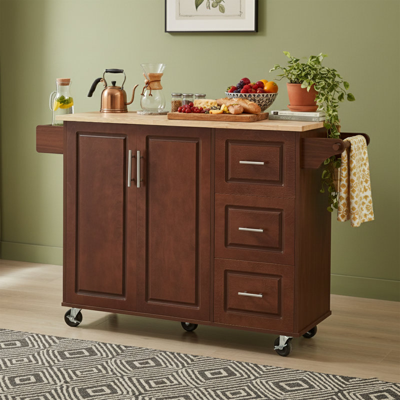 54" W Farmhouse Rolling Kitchen Island With Drop Leaf Rubberwood Top, Barn Door Design, White, Brown