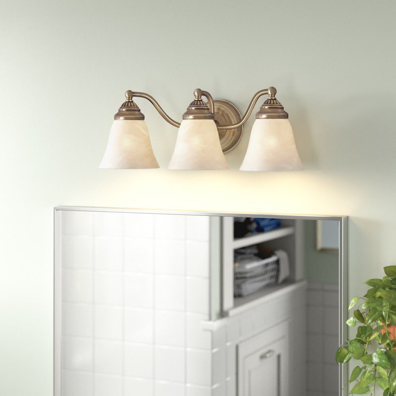 Moyer 3-Light 19 inch Wide Antique Brass Gold Traditional Bathroom Vanity Lighting Fixture, White Alabaster Glass Shade, Dimmable, LED Compatible, Over the Mirror Mounted Steel Wall Sconce