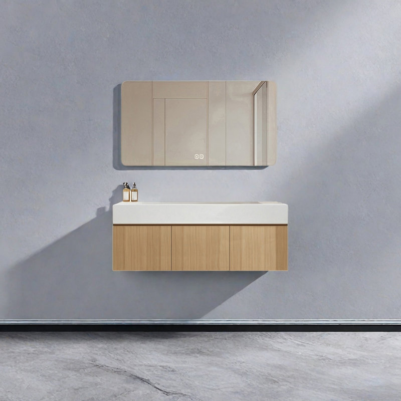 Armoire de salle de bain simple à double vasque de style moderne, H 19,68 po x l 51,18 po x P 21,65 po, Burlywood