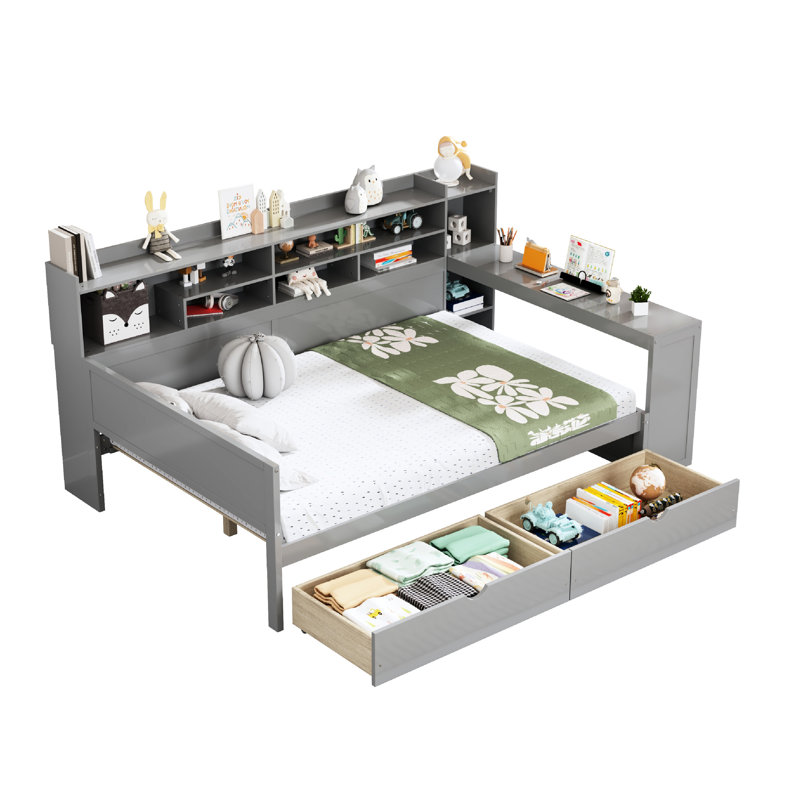 Lit de jour gris en bois pleine grandeur avec rangement et bureau d'étude pour une gestion efficace de l'espace multifonctionnel dans la chambre à coucher