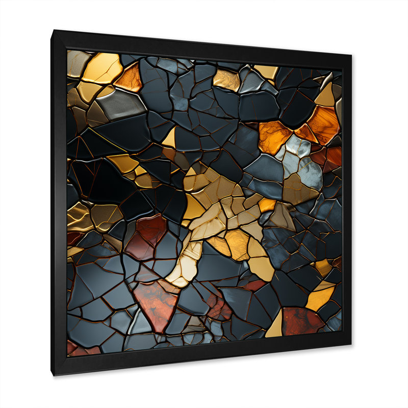 Carreaux de mosaïque dorés et noirs II - art mural abstrait, Cadre simple noir, H 30 po x l 30 po x P 1,5 po