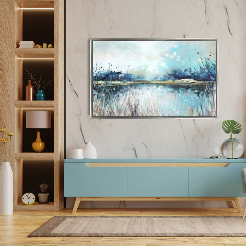 Vue sur le lac - Peinture, L 63,5 po x H 39,5 po, Encadrement argenté