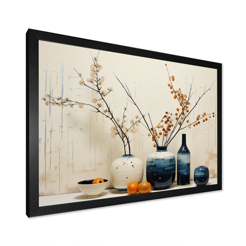 «Blue Beige Minimalist Oasis Pottery», reproduction d'art sur toile, H 24 po x l 32 po x P 1 po, Cadre simple noir