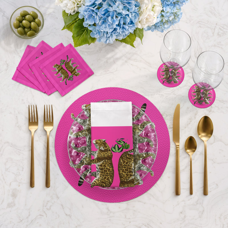 Leopard Seeing Double Cotton Sateen Cocktail Napkins, Hot Pink