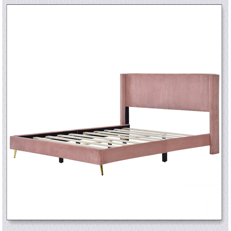 Lit plateforme en velours côtelé avec pieds en métal, Pink