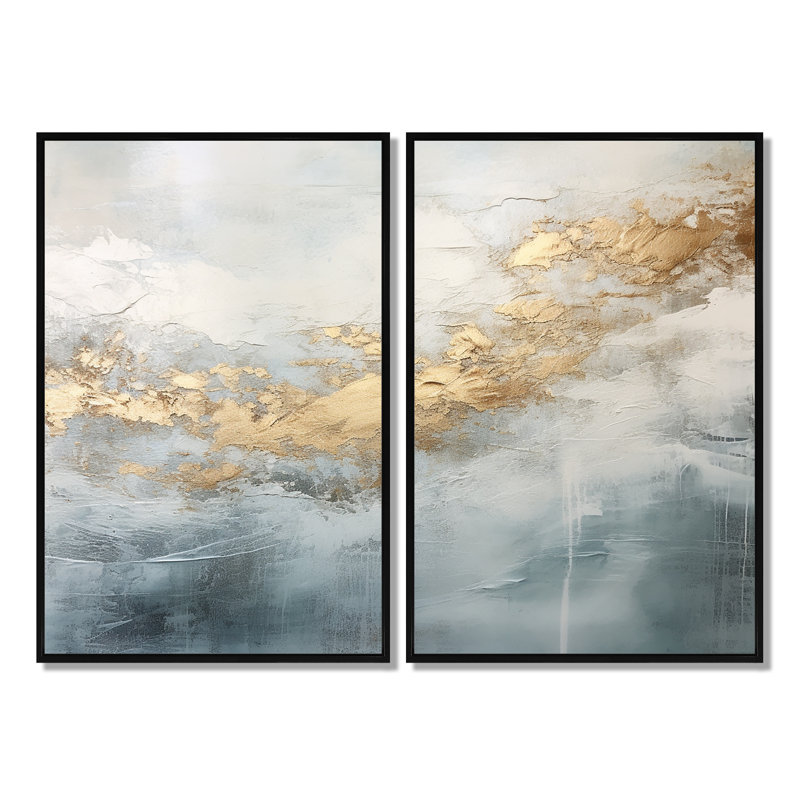 Beige bleu or océan tempête V - impressions sur toile dorées, H 36 po x l 48 po, Impression encadrée flottante, Noir