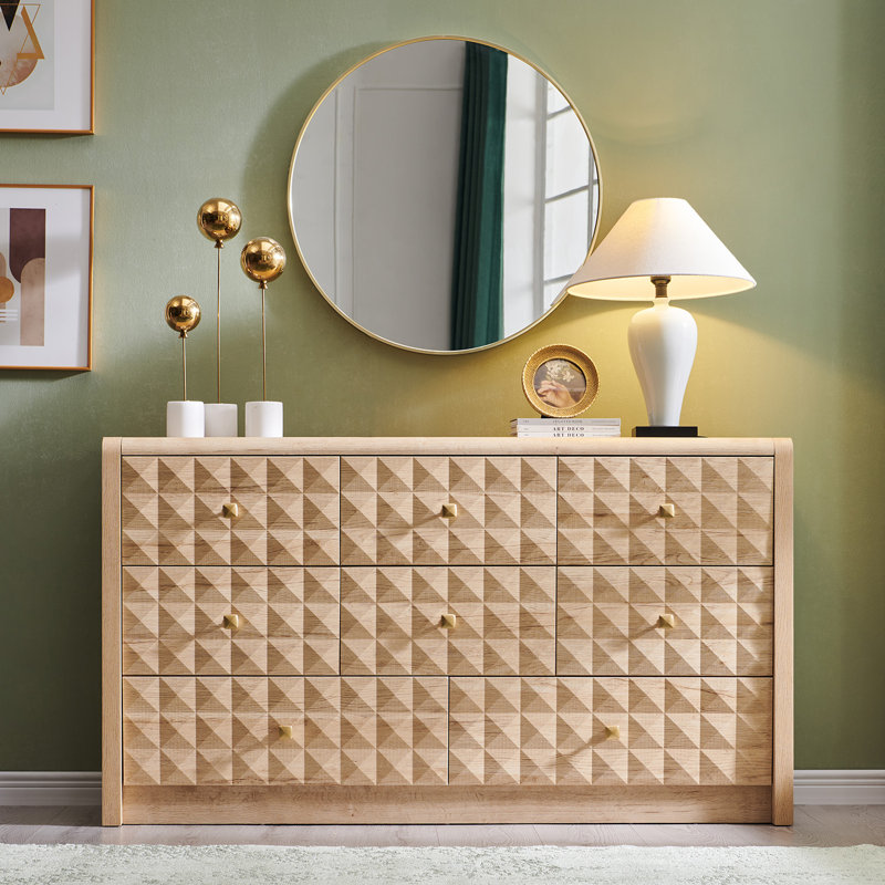     Commode moderne à 8 tiroirs pour chambre à coucher, commodes en bois texturé à losanges de 56 po de largeur et commode à profil courbé, commode moderne Mid-Century