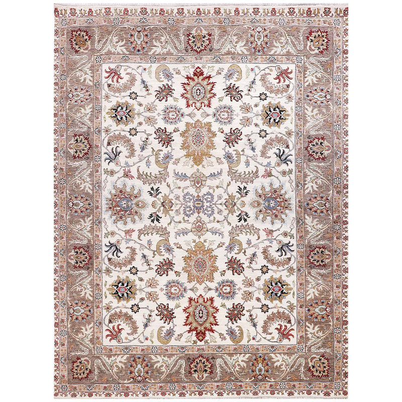 Tapis rectangulaire en laine tissé à la main ivoire / gris clair, Rectangle 9 pi x 12 pi