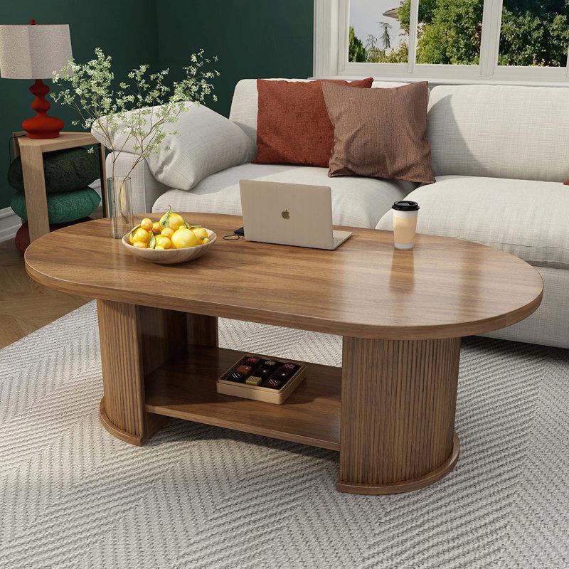 Table basse ovale à 2 niveaux avec base cannelée et tablette de rangement - Noyer Mid-Century