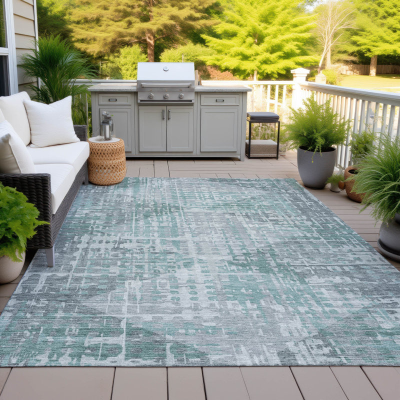 Tapis bleu sarcelle lavable à la machine intérieur / extérieur Xhevrie, Rectangle 10 pi x 14 pi