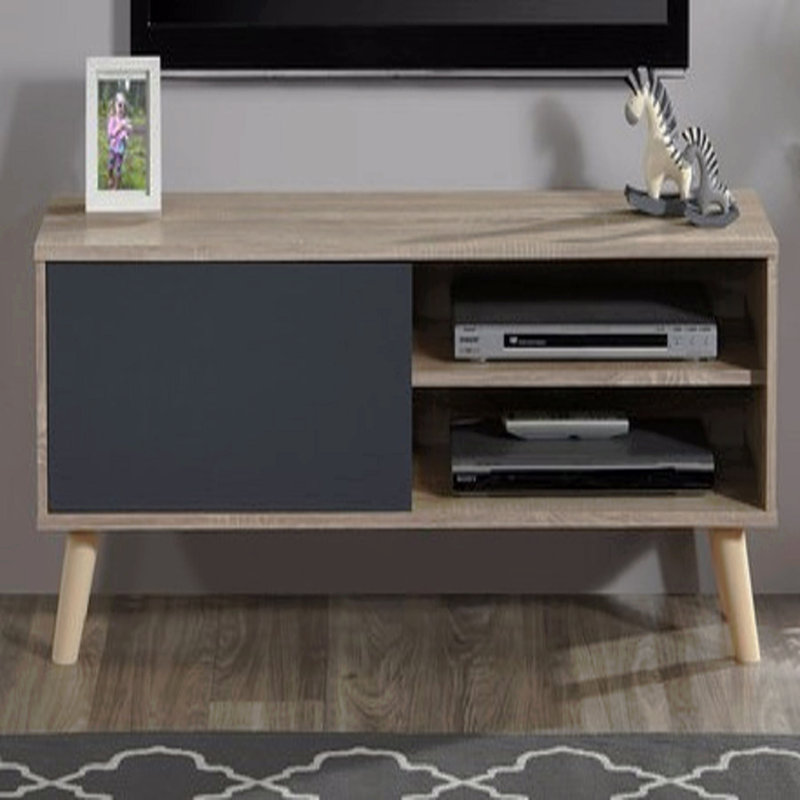 Meuble télé contemporain 47 po en imitation bois, pour téléviseurs jusqu'à 50-55 po, 2 étagères et un espace de rangement, naturel/gris