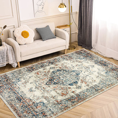 Tapis 5 x 7, ambiance bohémienne rétro, tapis antidérapant lavable à la machine pour la maison, imprimé floral bleu jaune 5 x 7, enchantement, revêtement de sol, motif de fleurs bleu / jaune
