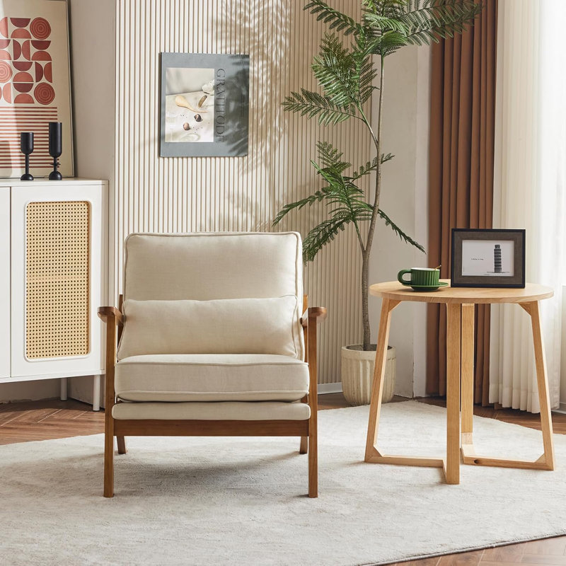 Fauteuil d'appoint Mid-Century avec accoudoirs lombaires Bruce, Lin beige