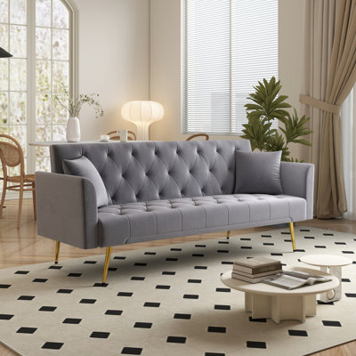 Canapé-lit pliable de style américain de 72 pouces en velours gris, multifonctionnel pour les petits salons Lit de style rétro, 3 appartements