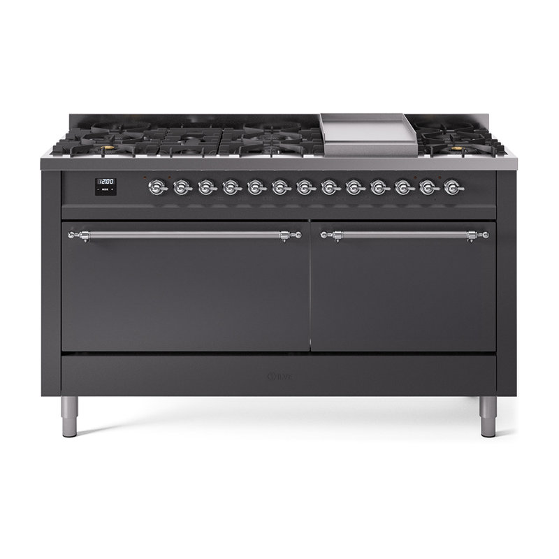 ILVE Nostalgie II 60 in Dual Fuel Range, 9 Burner, Griddle, Graphite Matte/Chrome, Natural Gas