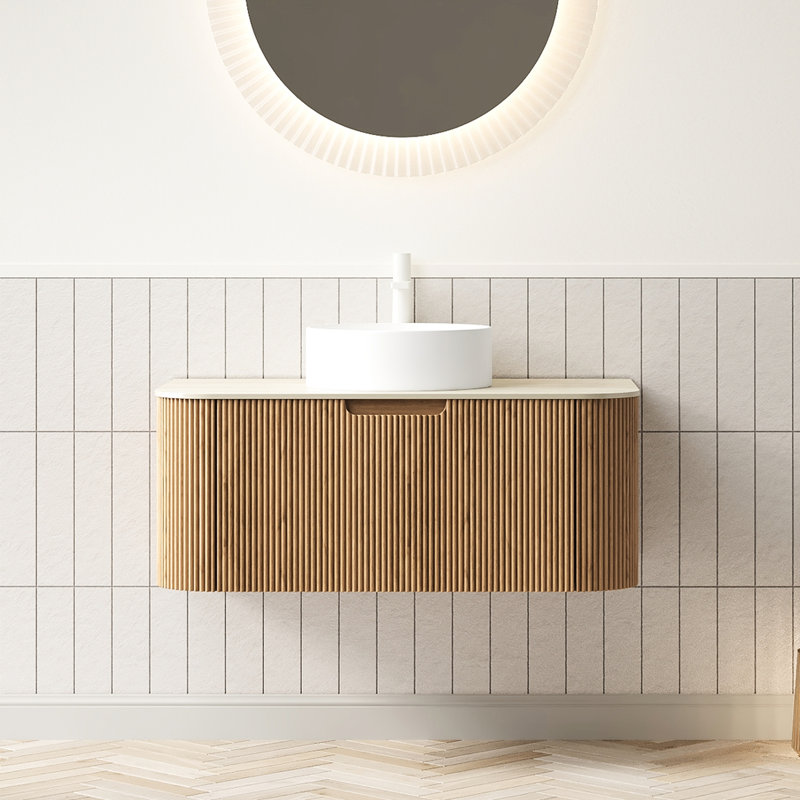 Meuble-lavabo moderne de 91 cm (36 po) avec lavabo rond en céramique blanche de 36 cm (14 po), fini bois naturel rayé 3D, armoire murale en contreplaqué, installation facile et brillante.