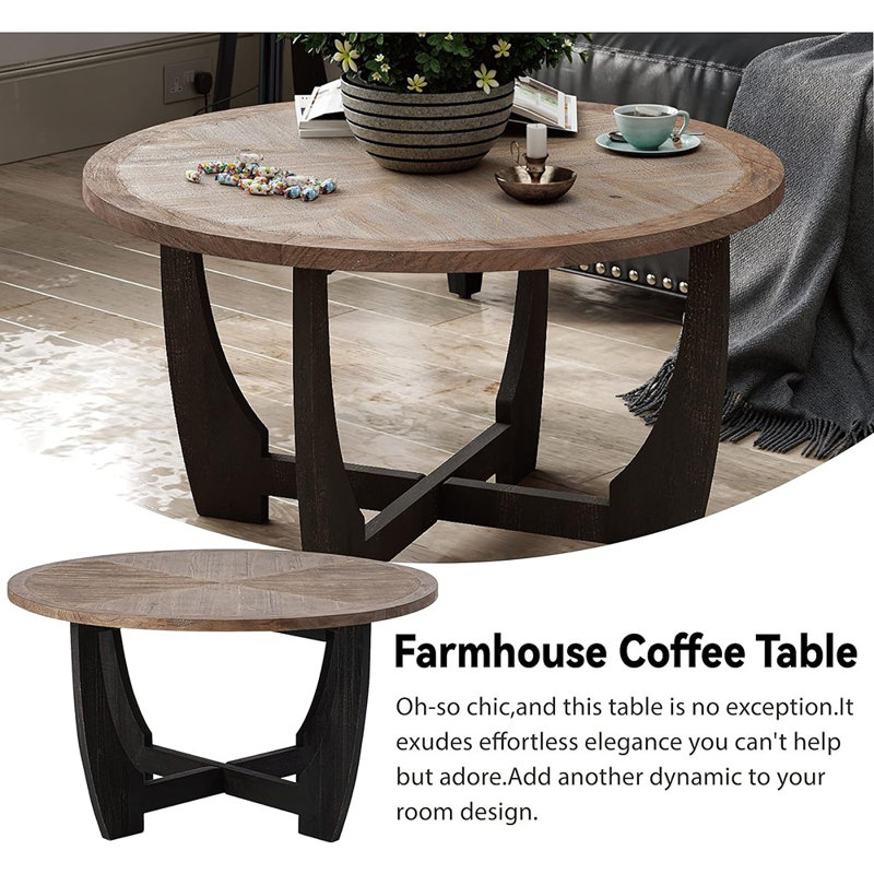 Rustic Round Coffee Table with Distressed Wood Finish and Crisscross Base