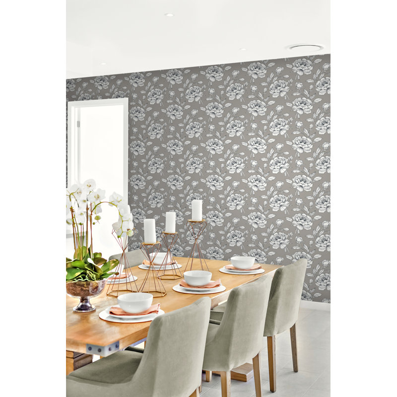Papier peint floral pivoine, Gris / blanc / noir