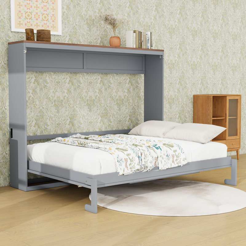 Grand lit escamotable en bois avec port USB, Grey