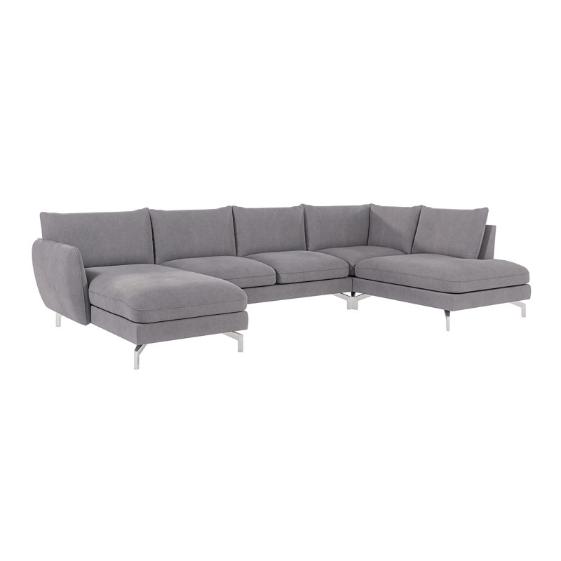 Modern U-shape Kimo Corner Sofa with Silver Metal Legs, Grey, Left Hand Facing