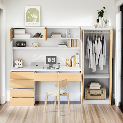 2 Door Wooden Storage Desk Wardrobe For Bedroom With Shelves And Drawers
