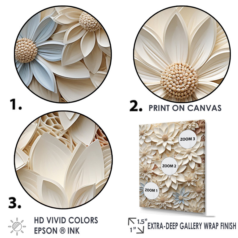 "Beige Whimsical Paper Poinsettias Flowers", reproduction d'art sur toile, Cadre flottant blanc, 44" H x 34" W