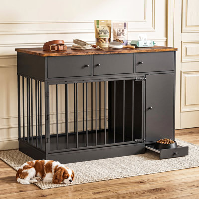 47.2"W Furniture Style Dog Crate with Storage, Dog Kennel Furniture with Cabinets & Pull-Out Dog Bowl Station