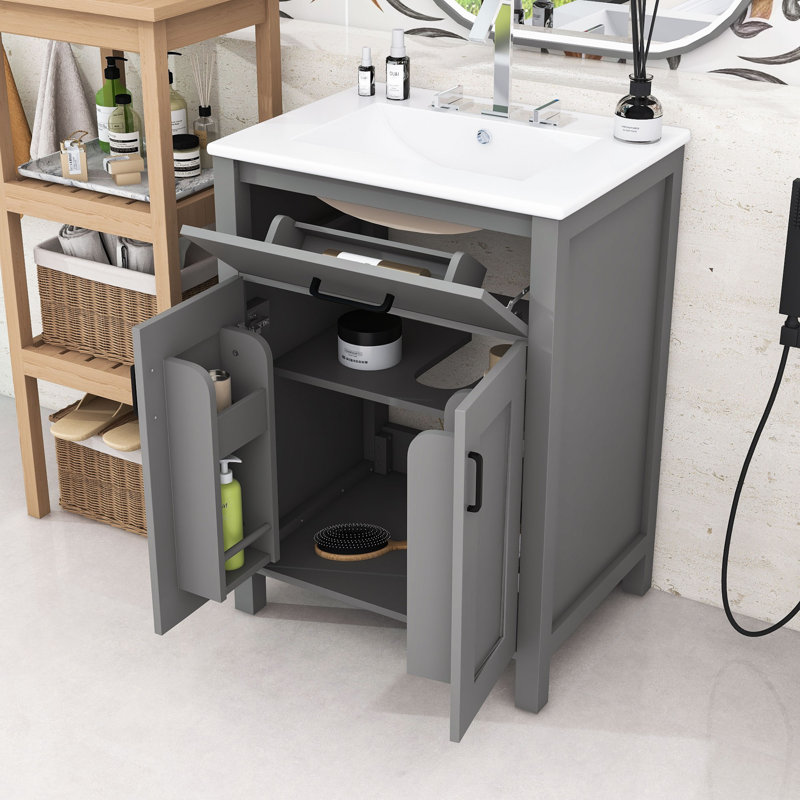 Meuble-lavabo de salle de bain avec lavabo en céramique, tiroir rabattable et tablette réglable