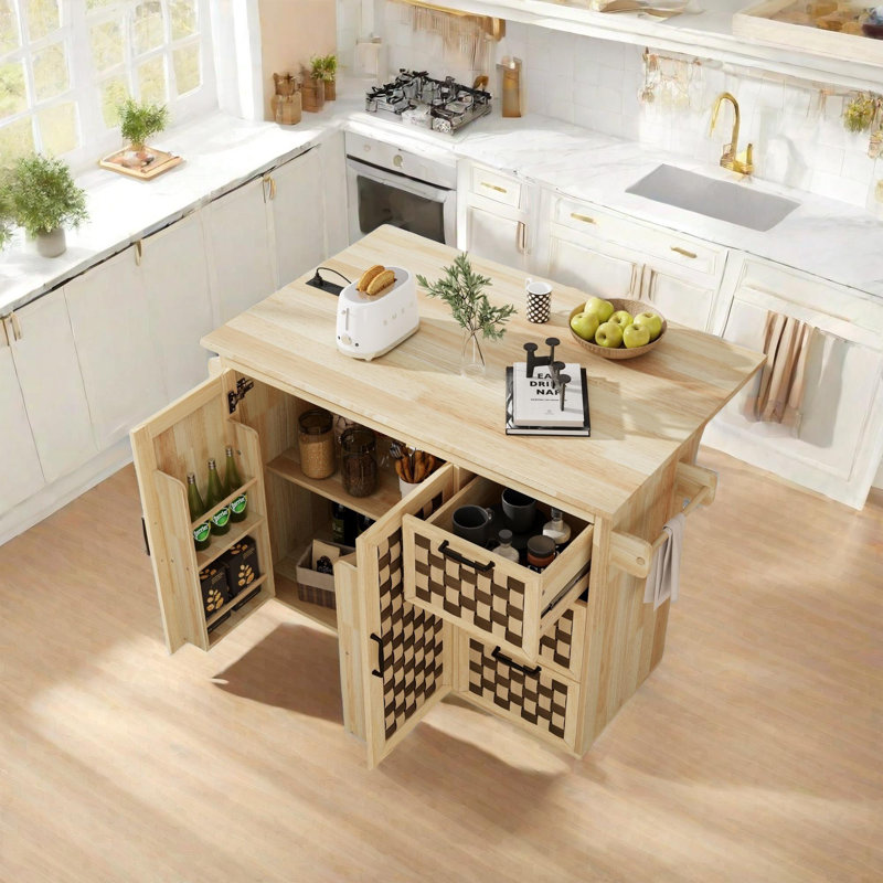 Checkerboard Pattern Design Kitchen Island with Drop Leaf