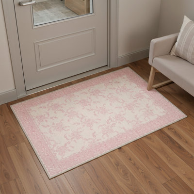 Albie Floral Pink Ribbon Bow Machine Washable Pink / Beige 3' x 5' Doormat with Non-Slip Backing