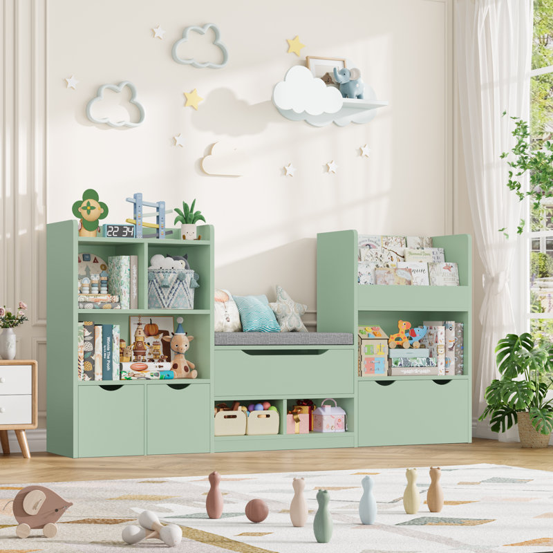 72" W x 37"H 4-IN-ONE Kids Bookcase with 3 Drawers, Soft Cushion, 3-Layer Bookshelf, Reading Nook, Green