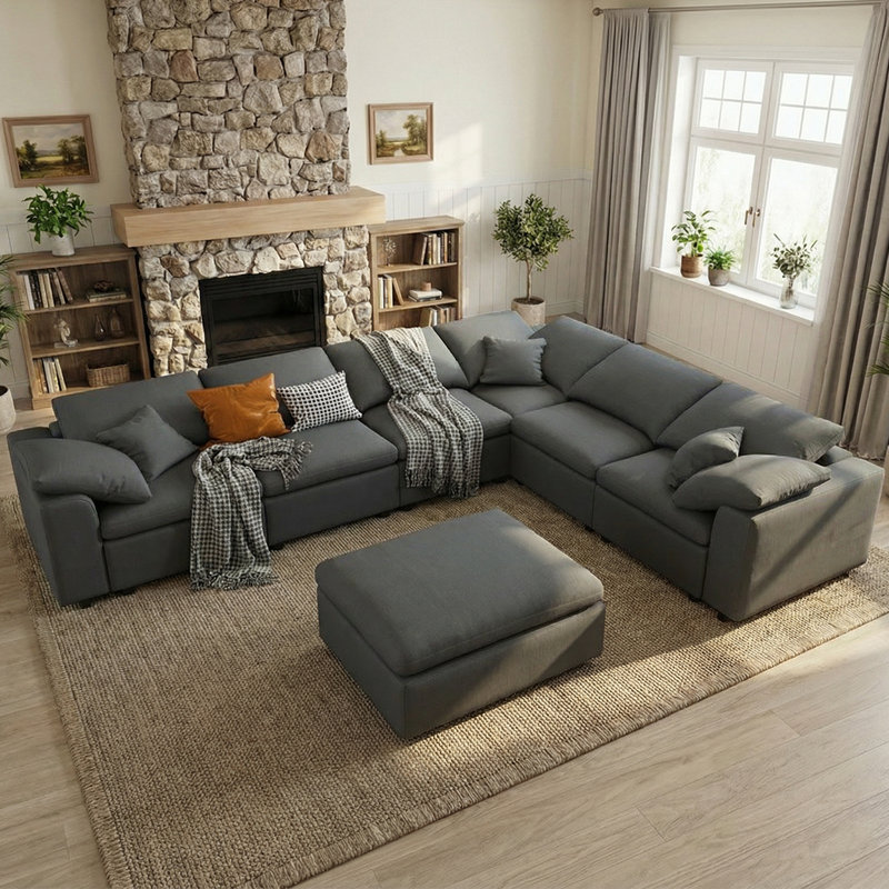 125" Chenille Modular Sectional Sofa 7-Piece Modern Oversized Cloud Corner Couch With Removable Ottoman, Gray Chenille