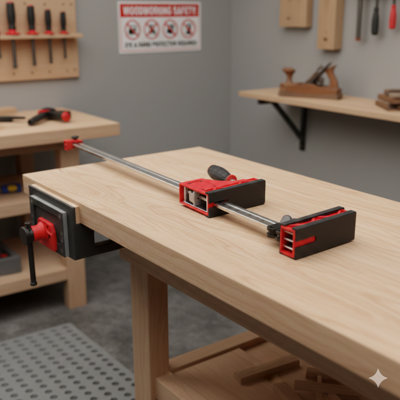 12-Piece Set of Parallel Clamps, Comprising 2 x 24-Inch Clamps, 2 x 40-Inch Clamps, 4 Bench Stops, and 4 Framing Blocks, Intended for Woodworking and DIY Applications.