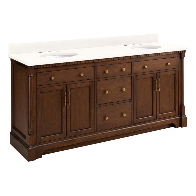 Claudia 72" Freestanding Mahogany Double Basin Vanity Set with Cabinet, Vanity Top, Arctic White Quartz, Antique Coffee