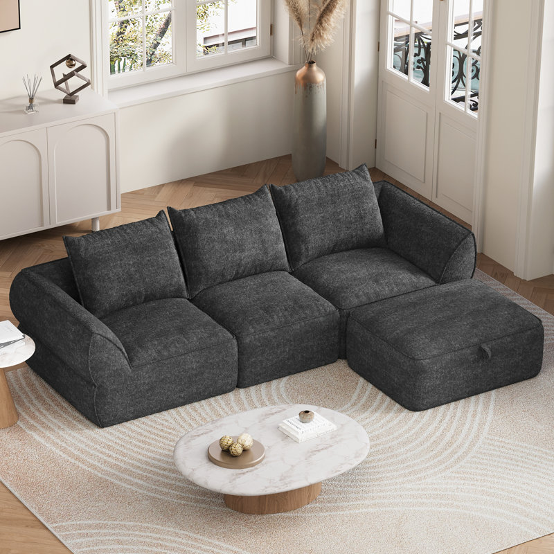 104" Modular Sectional Sofa with Deep Seat, Comfortable Upholstery L Shaped Cloud Couch for Living Room, 3-Seater Compression Boneless Sofa with Movable Ottomans, Removable Cover, No Assembly Required, Dark Gray